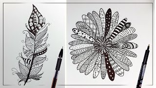 2 Doodle Patterns Easy Drawing | Feather & Flower tutor.