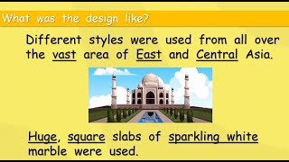 Some great adjectives to describe the beautiful Taj Mahal.