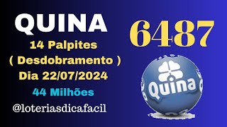 Desdobramento Quina 6487 Quina 14 jogos garante 4 pontos Quina dia 22/07/2024 #loteriasdicafacil 🔥