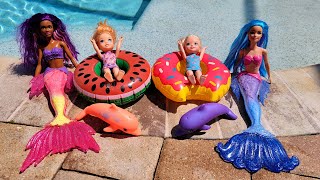 Mermaids ! Elsa & Anna toddlers - Barbie dolls - pool fun - floaties - water fun