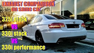 BMW E92 325i stock sound VS 330i stock exhaust VS 330i performance exhaust COMPARISON ON SAME CAR