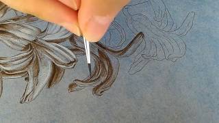 Drawing a Hyacinth flower with sepia ink on blue background