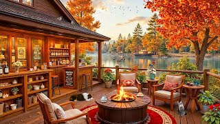 Autumn Porch Ambience 🍂 Relaxing Ballads Jazz Music & Crackling Fireplace for Stress Relief