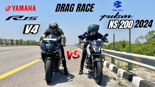 2024 pulsar ns 200 vs Yamaha R15 v4 | DRAG RACE | insane battle 🔥