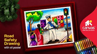 Road safety drawing with oil pastel | Road safety drawing easy | Traffic policeman drawing