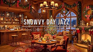 Snowy Day at Christmas Coffee Shop Ambience with Warm Jazz Music & Fireplace Sounds for Relaxing