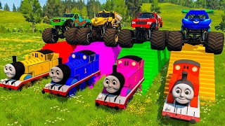 4 COLORS THOMAS TRAINS VS LONG SLIDE GAME - Long Monster Trucks with Portal Trap - BeamNG Drive