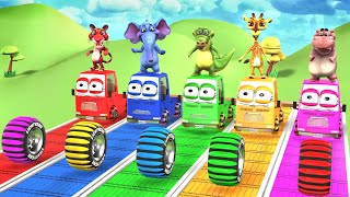 5 Cars Cartoon, Elephant, Tiger, Hippo, Guess The Right Door Crossing Fountain Animals Tire Game