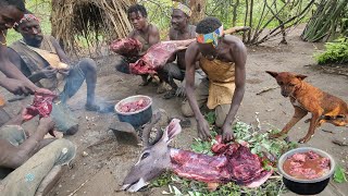 Hadza hunt and cooking meat Lunch.