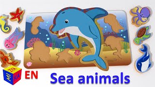 Learn sea animals. Cartoons matching games and toys for toddlers. Puzzle with sea creatures