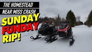 The HOMESTEAD Snowmobiling Snirt Run - NEAR MISS Crash (I Hit it)