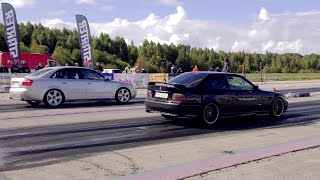 Audi A4 B6 1.8TQ vs BMW E36 3.0T M54 HX40s 1/4 mile drag race