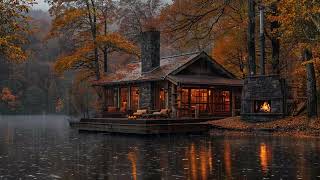 Lakeside Porch Ambience 🍁 Autumn Rainy And Fireplace Burning For Sleep, Relax, Rest🔥