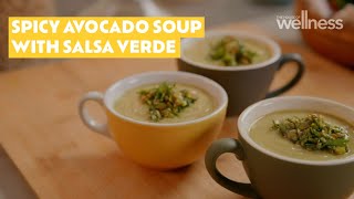 Zoe's spicy avocado soup with pistachio salsa verde