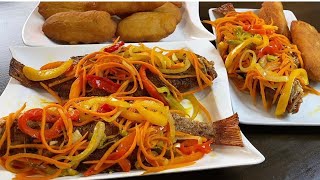 ESCOVIETCH FISH, Jamaican Style. Fried  Snapper Topped with Vegetable Pickle Sauce.