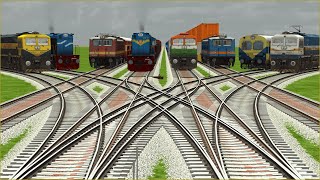 8 INDIAN TRAINS CROSSING AT BRANCHED FORKED RAILROAD TRACKS | Train Simulator | Railroad Crossing