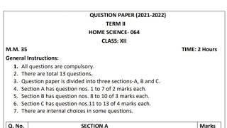 Class 12 Home Science Final Exam Question paper (2021 - 2022) | Cbse - Term 2