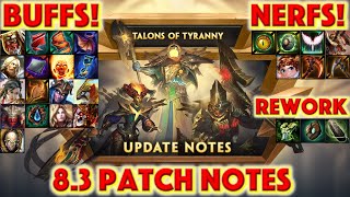 SMITE Season 8.3 PATCH NOTES  - Talons of Tyranny + Tier 5 Chaac skin + Item Reworks + Buffs + Nerfs