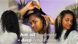 hot oil treatment + deep conditioning my natural hair.