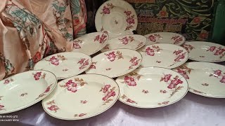 Platos hondos porcelana marfil flores magenta ribetes en oro Raynaud Limoges Francia