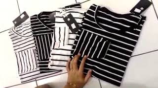 VIA Baju Kaos Jumbo T Shirt Murah Lengan Panjang Salur Wanita Kekinian