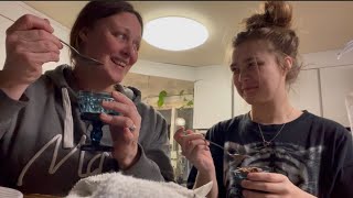 Mother Daughter switching roles-making chocolate ice cream in a bag. Ice cream challenge