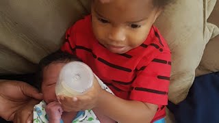 How To Teach Toddler To Bond With Newborn/Toddler Feeds Baby