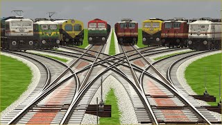 EIGHT TRAINS CROSSING ON BUMPY GRANDIENT 3D RAILROAD CROSSING TRACKS | Train Simulator