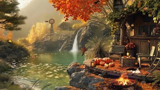 Autumn Cozy Porch Ambience with Waterfall, Campfire and River Sounds for Relaxation and Study