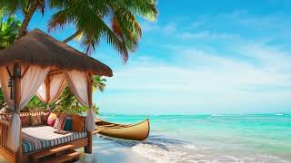 ASMR Video Beautiful Caribbean Blue Ocean Waves Palm Trees Beach Hut Canoe Sounds of Waves and Birds