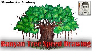 How to draw Banyan tree step by step Easy Drawing Banyan tree Speed Drawing