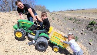 Playing with tractors on HUGE dirt pile | Tractors for kids