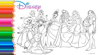 Disney Princesses all together coloring pages | Jasmine Tiana Belle Aurora Mulan snowhite Cindrella