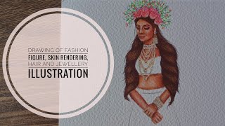 Drawing Fashion figure free handedly | Skin, hair & Jewelry tutorial | Without waterbased colours ❌