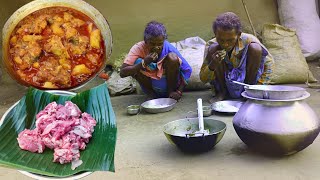 rural old grandma cooking MUTTON CURRY for her dinner || village cauple how to cook mutton curry