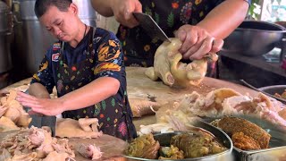 Thai Street Food.The Quick Morning Boxes of Chopped Chickens and Pork. Jae Waen,Mae Sot,Tak