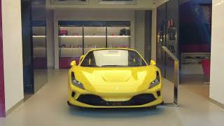 Yellow Ferrari F8 Tributo in the Ferrari Dealership | Carspotting + Slow Mode + Reverse Experience