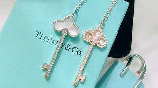 Tiffany's limited edition Keys series, iris, white mother-of-pearl, diamond-filled key necklace