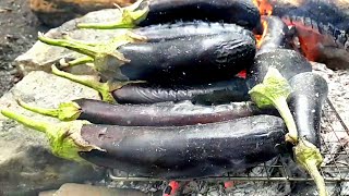 How to cook eggplant curd in nature on fire