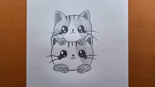 COMO DESENHAR DOIS GATINHOS KAWAII FÁCIL | desenhe dois gatinho fofo com lápis