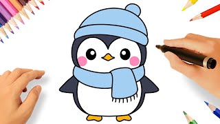 CÓMO DIBUJAR UN PINGÜINO KAWAII FACIL 🐧❤️