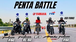 2024 pulsar n160 vs pulsar n160 old vs tvs Apache 160 4v vs mt-15 vs pulsar ns 160 | penta battle 😱