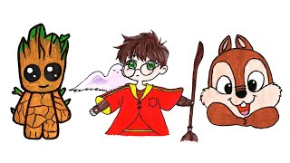 Fast drawing COMPILATION - Harry Potter 🦉 Baby Groot 🌱 Chip 'n Dale 🐿️