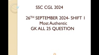 SSC CGL 26 September shift 1 GK questions review and analysis.