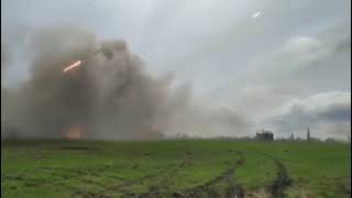 Russian mutiple rocket launcher firing at Ukranian positions.