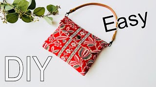 サクッとたくさん作れるからプレゼントに！　ミニバッグ（ポーチ）の作り方　bag sewing  ※接着芯でもOK 100円ショップの持ち手いい😄　布をちょっと切って真っ直ぐシルエットに！