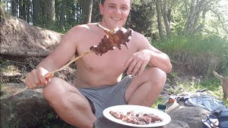 living off the land with my catapult, cooking rabbit and pigeon kebab 🍢