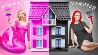 One Colored House Challenge! Mermaid vs Vampire! We Build a TINY HOUSE!