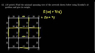 Math 1030, Exam 1 - Question 12 (Minimal Spanning Trees)