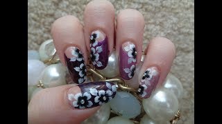 Purple Gradient Half Moon French Manicure and Black and White One Stroke Flowers